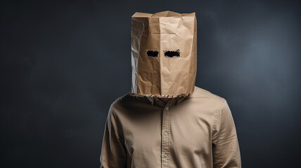 A man with a cardboard bag on his head