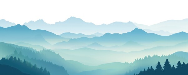 Vector panoramic landscape with blue and green misty silhouettes of mountains and clear sky 