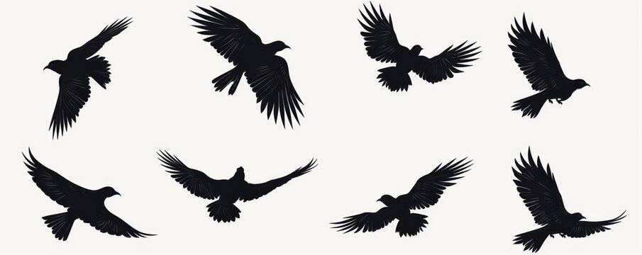 Set of black flying bird silhouettes on transparent background 