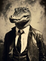 Crocodile in suit vintage retro phone wallpaper banner monochrome old photograph, ai generated