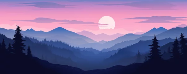 Türaufkleber Vector landscape with blue silhouettes of mountains, hills and forest with sunset or dawn pink sky  © GalleryGlider