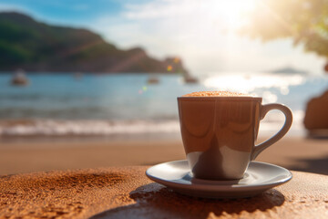 Hot coffee with, summer beach background 