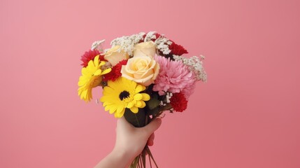A Captivating Moment as a Man's Arm Presents a Vibrant Valentine's Day Bouquet to His Girlfriend, Isolated on a Colorful Background