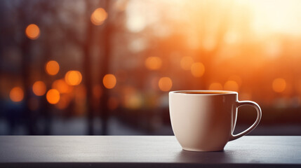 A coffee mug is placed on the table with a blurred background