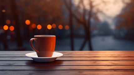 A coffee mug is placed on the table with a blurred background