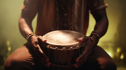 A man playing an ethnic percussion musical instrument jembe. Drummer playing african music