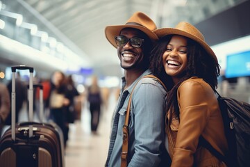 couple of black tourists take photos at the airport upon arrival - obrazy, fototapety, plakaty