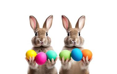 Fototapeta na wymiar Two cute bunnies holding colored Easter eggs over white background