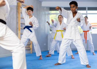 Group of boys and girls in kimonos train karate techniques in studio..