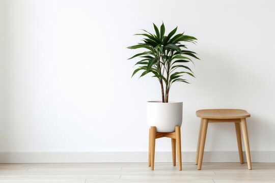 Indoor plant in a pot on a wooden stool against a white wall 