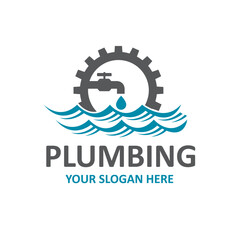 plumbing service icon with gear and water faucet isolated on white background