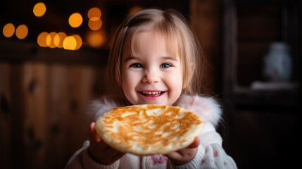 cute little smiling girl eating pancakes, Maslenitsa, holiday, breakfast, lunch, hot crepes, dinner, child, kid, daughter, kitchen, food, holiday, carnival, delicious treat, childhood, portrait, joy - obrazy, fototapety, plakaty