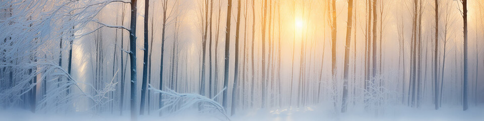 winter landscape in the forest, long narrow panoramic view, the rays of the morning sun at sunrise in the frosty fog between the trees