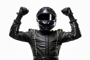 Racer in Black Suit Raises Hands in Victory Celebration - obrazy, fototapety, plakaty