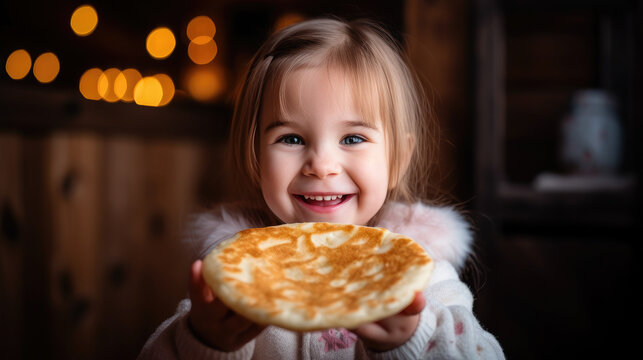 cute little smiling girl eating pancakes, Maslenitsa, holiday, breakfast, lunch, hot crepes, dinner, child, kid, daughter, kitchen, food, holiday, carnival, delicious treat, childhood, portrait, joy