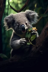 Foto auf Acrylglas illustration of a cute koala eating on the branch of a tree in the forest © Jorge Ferreiro