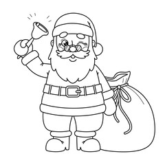 Outline Christmas Santa Claus ringing the bells with a bag of gifts. Page of the kids coloring book. Color the contour Xmas character. Isolated black and white holiday New Year vector illustration.