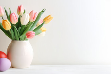 Pastel tulips in a vase with Easter eggs on a white backdrop.
