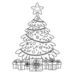 Outline Christmas tree with gifts. Page of kids coloring book. Color the contour big New Year spruce decorated with Xmas decorations, garlands. Isolated vector illustration for winter holiday design.