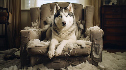 husky dog chewed and destroyed the sofa and sits on it, a portrait of a harmful dog at home - obrazy, fototapety, plakaty