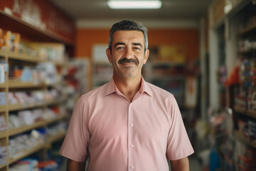 Obraz premium Retrato de hombre trabajador de pie en la farmacia y mirando a la cámara