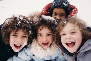 Retrato en primer plano de cuatro adorables niños divirtiéndose con la nieve en invierno - obrazy, fototapety, plakaty