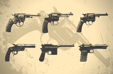 Retro classic handguns set. Vintage drowing guns. Old pistols and revolvers. Western style. Isolated vector illustration.