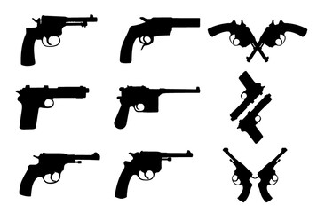 Vintage guns.Retro classic handguns illustration. Old pistols and revolvers silhouettes isolated on white background. - obrazy, fototapety, plakaty