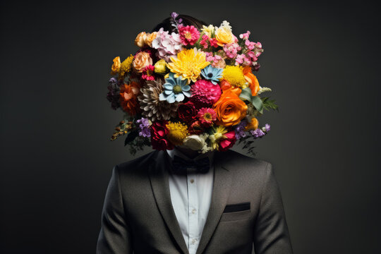 An artistic portrayal of a person with a bouquet of vibrant flowers replacing the head, set against a dark background, symbolizing nature's union with humanity.