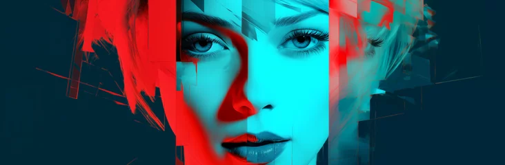 Poster Generative AI illustration of a woman for a party flyer in the style of glitch art, retro pop art, hero image for landing page design, banner  © Stable Extrusion