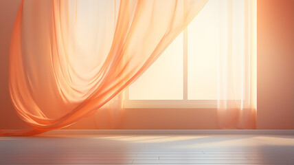 panoramic window with transparent orange curtains, background copy space