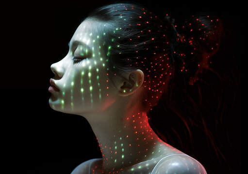 Generative AI illustration of a woman with light spots on her face, for a party flyer in the style of glitch art, retro pop art, hero image for landing page design, banner 
