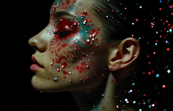 Generative AI illustration of a woman with sequins in her face, design for a party flyer in the style of glitch art, retro pop art, hero image for landing page design, banner design