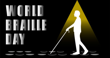 Awareness banner for World Braille Day with human silhouette and white cane