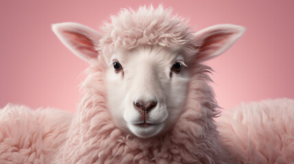 sheep with a blush. Happy lamb, small sheep face looking frank and cute. generative ai