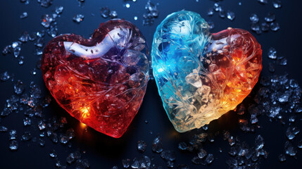 Two glowing gem stone hearts, love, passion concept