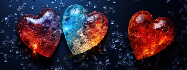 Set of three heart-shaped glowing crystals