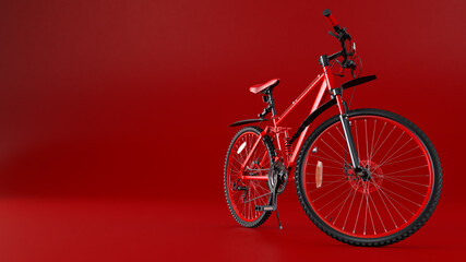 Fototapeta premium 3D render of detailed red bicycle isolated on red background, Road Bike Isolated