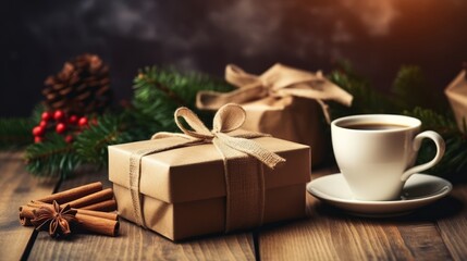 Female Hands Wrap Festive Gifts on Wood Background