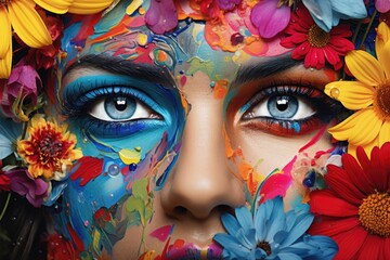 The woman's face, covered with colorful flowers and paint splashes, close up shot. Colorful artistic female portrait.