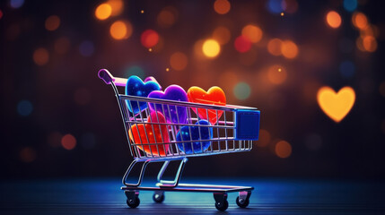 Hearts in a shopping cart, festive background