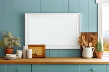 A coastal kitchen with beachy decor and a blank mockup frame on the sea-blue painted wall. Empty mockup frame.