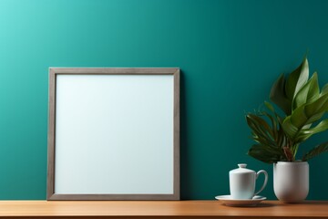 A cozy tropical kitchen nook with bamboo trays and an empty mockup frame on the vibrant teal wall. Blank empty mockup frame.