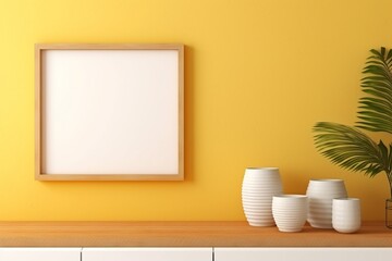 A cozy tropical kitchen nook with bamboo trays and an empty mockup frame on the vibrant gold wall. Blank empty mockup frame.