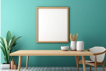 A cozy tropical kitchen nook with bamboo trays and an empty mockup frame on the vibrant teal wall. Blank empty mockup frame.