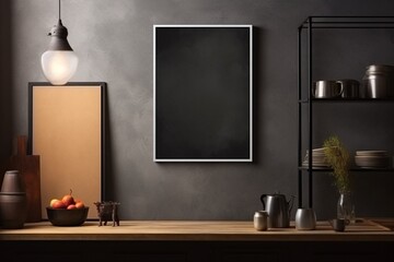 A dark and moody kitchen interior with black cabinets and a blank mockup frame hanging on the charcoal-gray wall. Empty mockup frame.