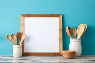 A close-up shot of bamboo utensils neatly arranged on a tropical-themed kitchen countertop with an empty mockup frame on the vibrant blue wall.