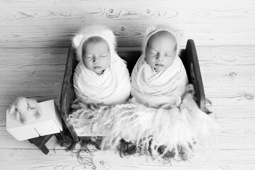 Tiny newborn twin girls in a pink and white cocoon in a cute wooden crib against the background of...