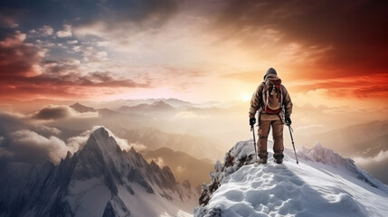 Alpinist on top of the mountain, great achievement