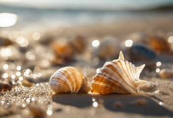 Obraz na płótnie Canvas shells on a sandy beach under sunlight in an abstract photograph